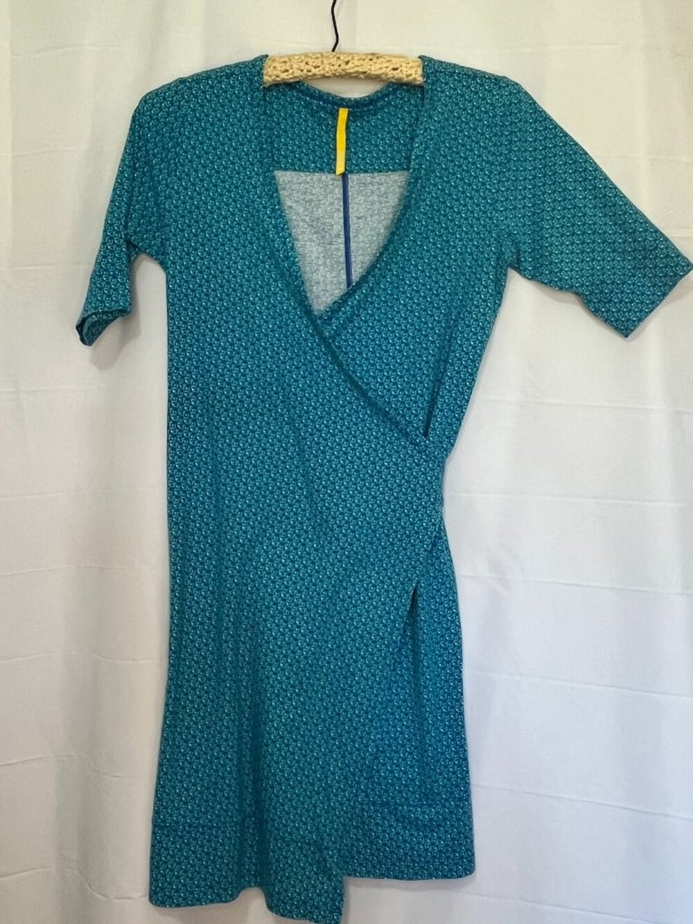Lole Stretch Cotton Blend Geometric Turquoise Blue 1/2 Sleeve Wrap Dress XS
